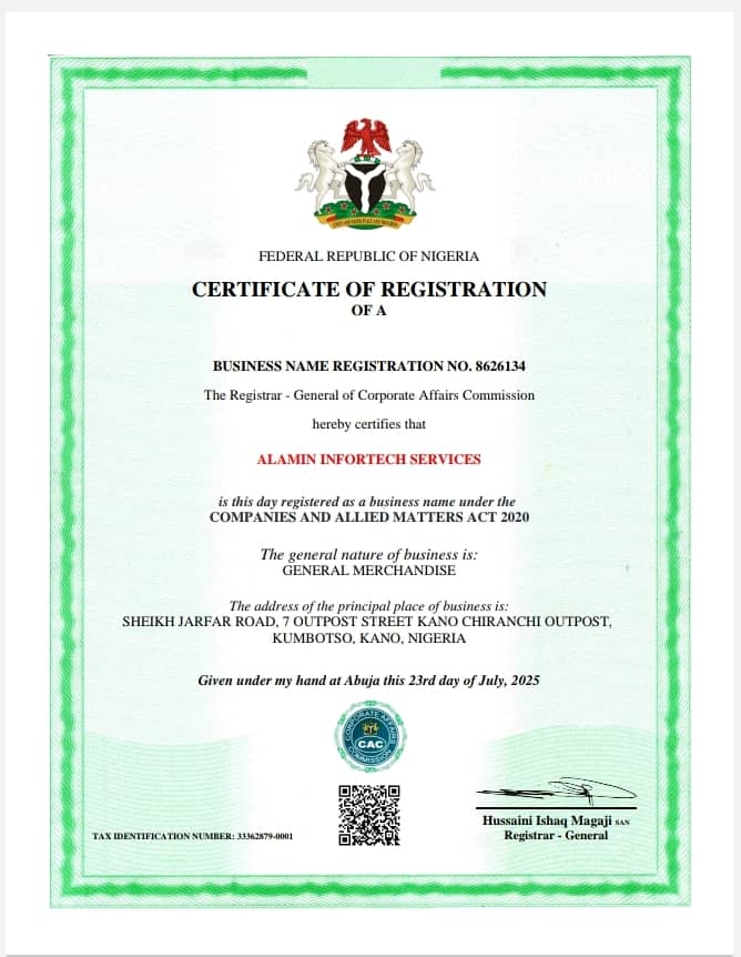 Business Registration Certificate for Al-Amin Infotech Services